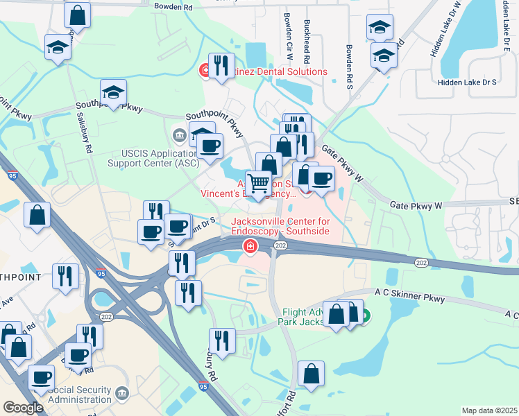 map of restaurants, bars, coffee shops, grocery stores, and more near 4190 Belfort Road in Jacksonville