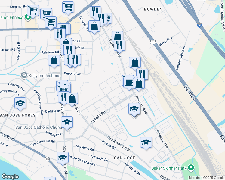 map of restaurants, bars, coffee shops, grocery stores, and more near 6550 Mission Court in Jacksonville