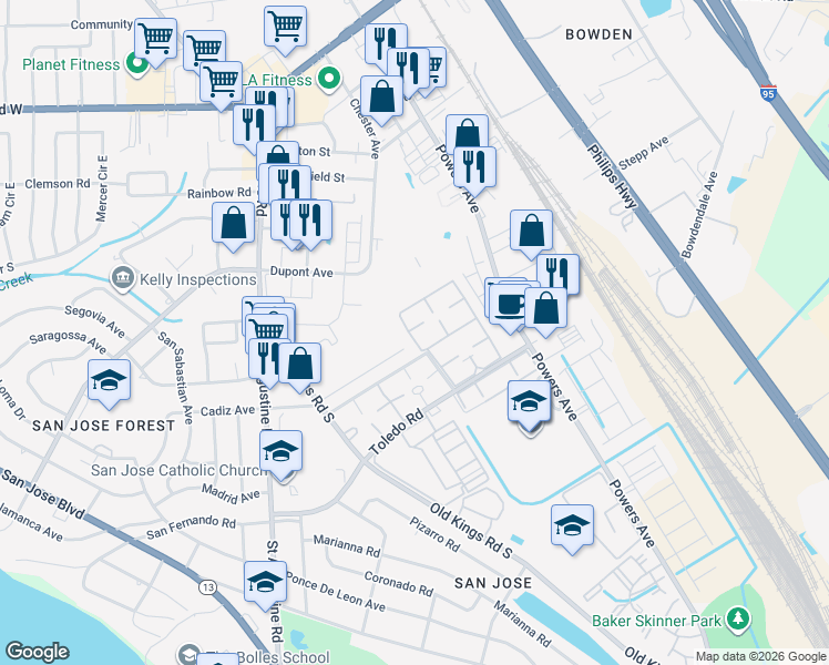 map of restaurants, bars, coffee shops, grocery stores, and more near 6550 Mission Court in Jacksonville