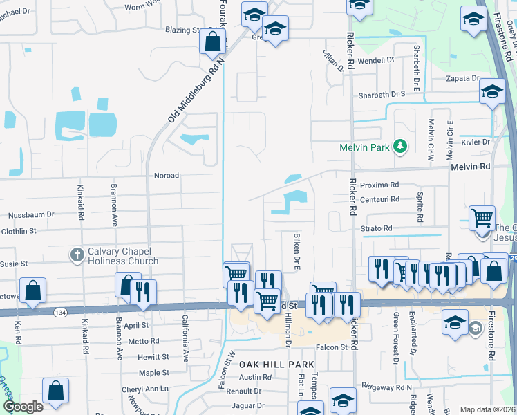 map of restaurants, bars, coffee shops, grocery stores, and more near 4727 Playpen Drive in Jacksonville