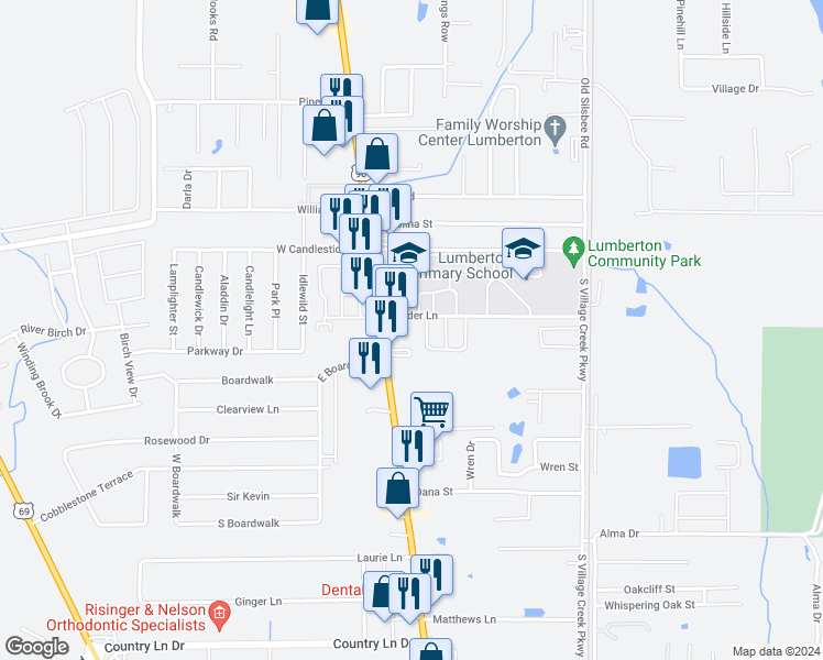 map of restaurants, bars, coffee shops, grocery stores, and more near 211 South Main Street in Lumberton