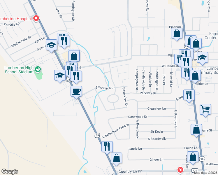 map of restaurants, bars, coffee shops, grocery stores, and more near 412 River Birch Drive in Lumberton
