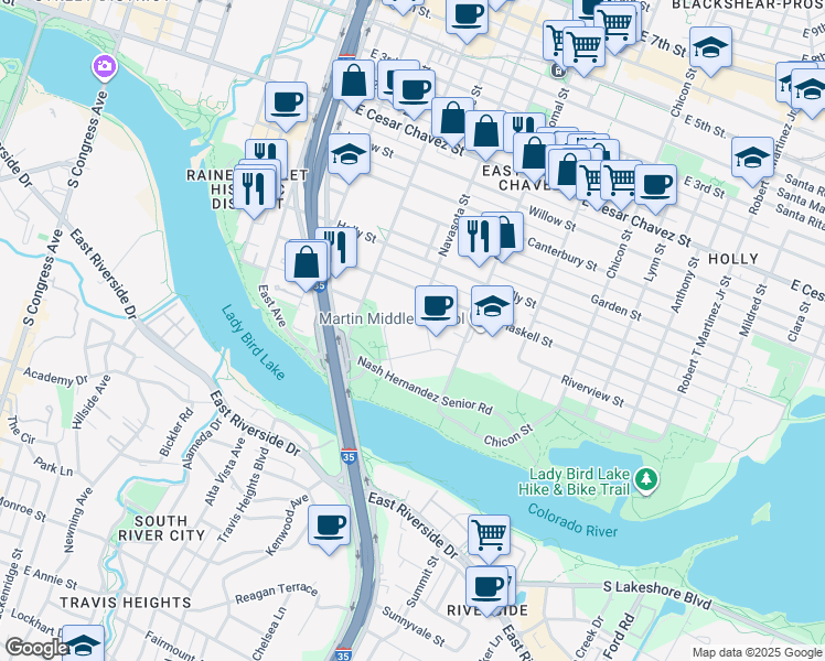 map of restaurants, bars, coffee shops, grocery stores, and more near 41 Navasota Street in Austin