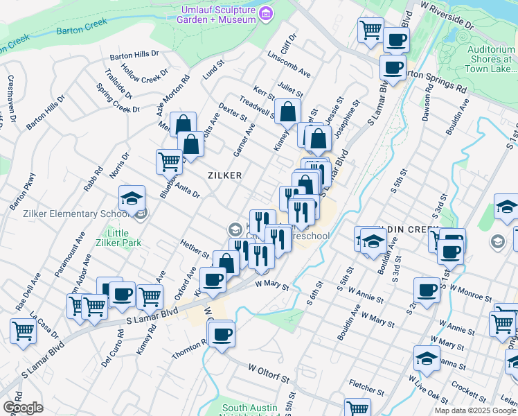 map of restaurants, bars, coffee shops, grocery stores, and more near Kinney Avenue in Austin
