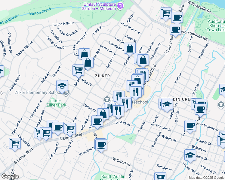 map of restaurants, bars, coffee shops, grocery stores, and more near Kinney Avenue in Austin