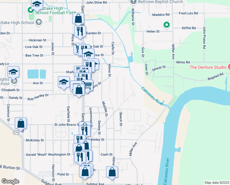 map of restaurants, bars, coffee shops, grocery stores, and more near 1419 Beech St in Westlake