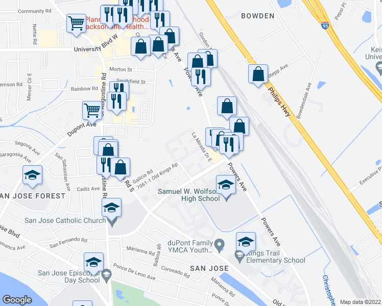 map of restaurants, bars, coffee shops, grocery stores, and more near Mission Drive in Jacksonville