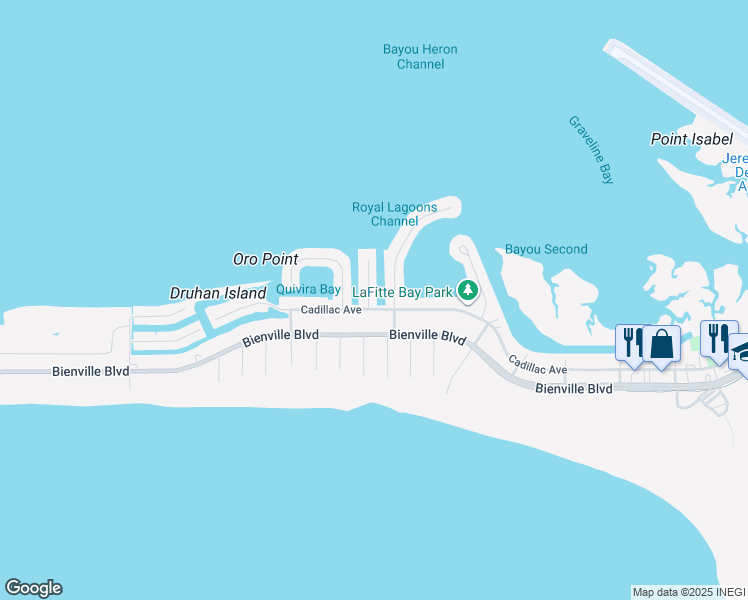 map of restaurants, bars, coffee shops, grocery stores, and more near 302 Polaris Street in Dauphin Island