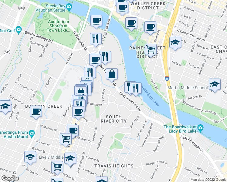 map of restaurants, bars, coffee shops, grocery stores, and more near 300 Le Grande Avenue in Austin