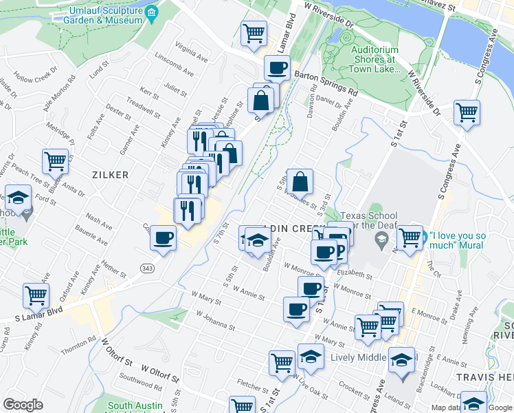 map of restaurants, bars, coffee shops, grocery stores, and more near 1305 South 6th Street in Austin
