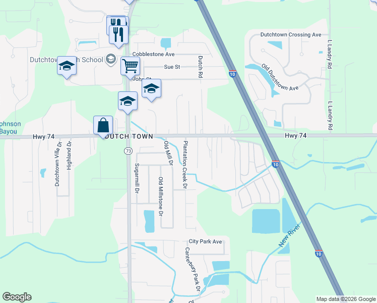 map of restaurants, bars, coffee shops, grocery stores, and more near 12490 Plantation Creek Drive in Geismar