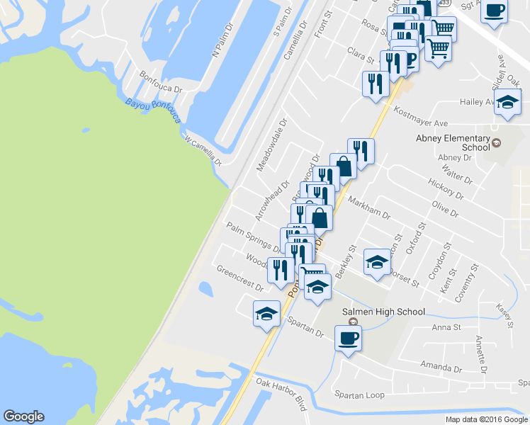 map of restaurants, bars, coffee shops, grocery stores, and more near 3838 Arrowhead Drive in Slidell