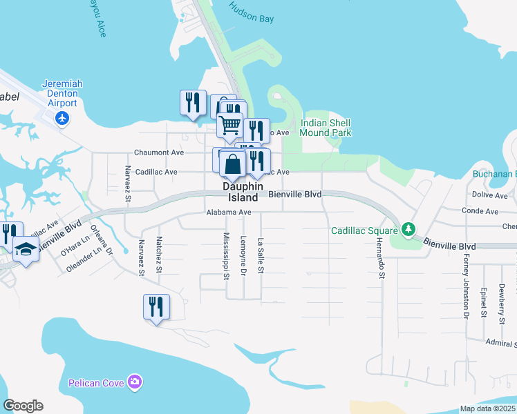 map of restaurants, bars, coffee shops, grocery stores, and more near 908 Alabama Avenue in Dauphin Island
