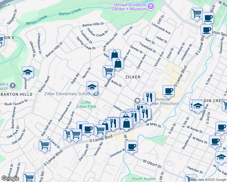 map of restaurants, bars, coffee shops, grocery stores, and more near 1810 Ford Street in Austin