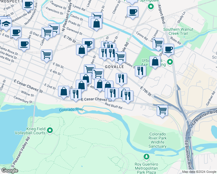 map of restaurants, bars, coffee shops, grocery stores, and more near 4709 East 5th Street in Austin