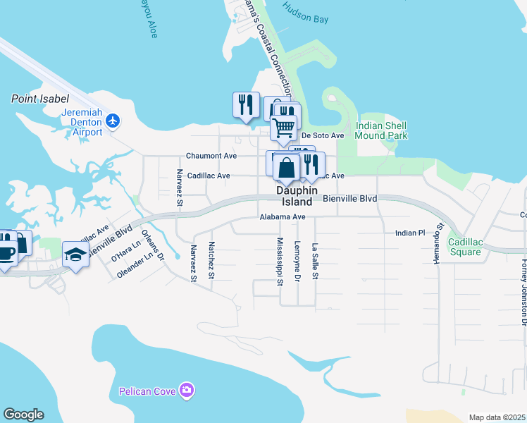 map of restaurants, bars, coffee shops, grocery stores, and more near 1008 Alabama Avenue in Dauphin Island