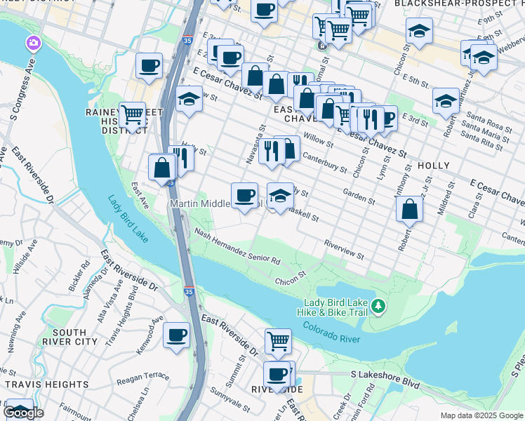 map of restaurants, bars, coffee shops, grocery stores, and more near 1510 Robert Weaver Avenue in Austin