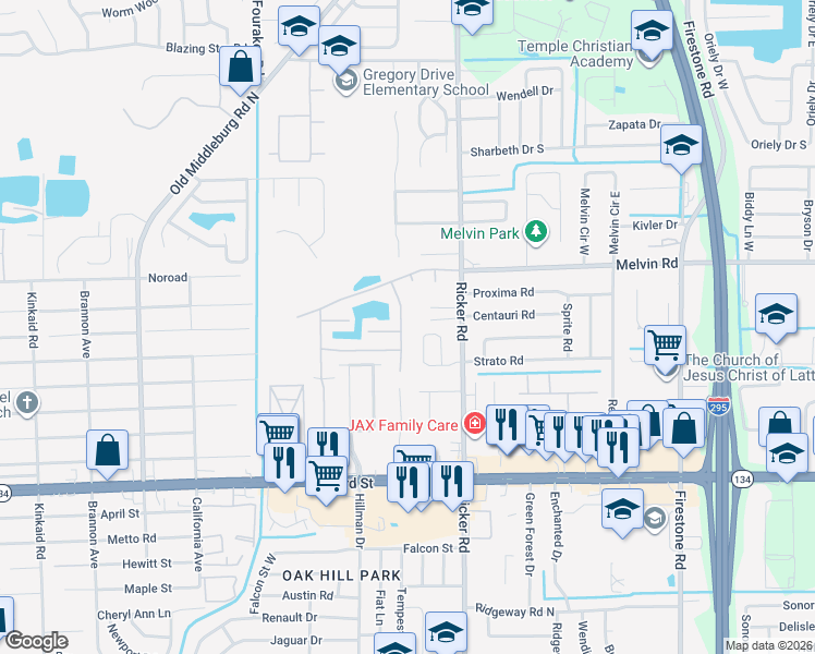 map of restaurants, bars, coffee shops, grocery stores, and more near 4717 Playschool Drive in Jacksonville