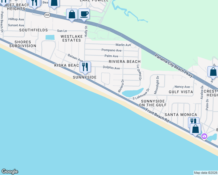 map of restaurants, bars, coffee shops, grocery stores, and more near 419 La Valencia Cir in Panama City Beach