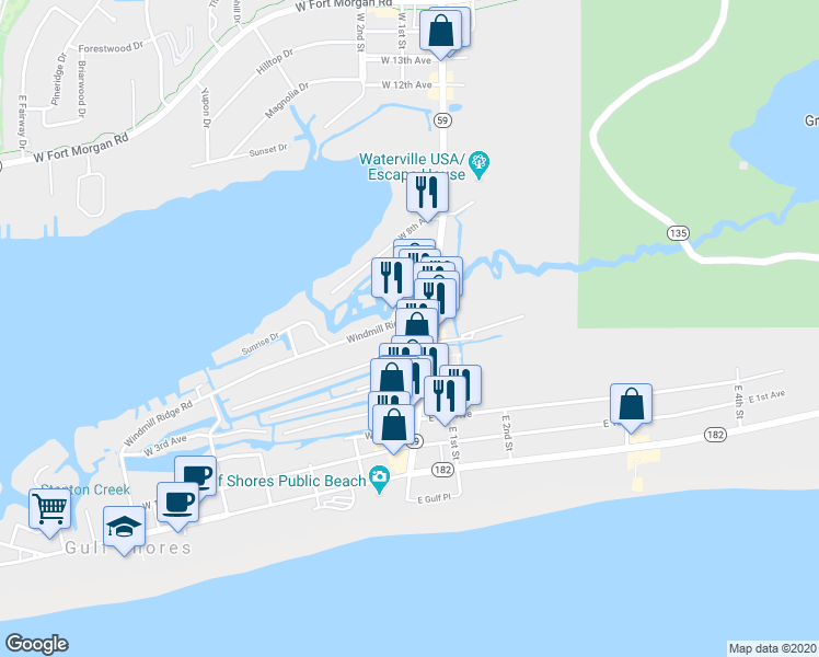 map of restaurants, bars, coffee shops, grocery stores, and more near 109 Windmill Ridge Road in Gulf Shores