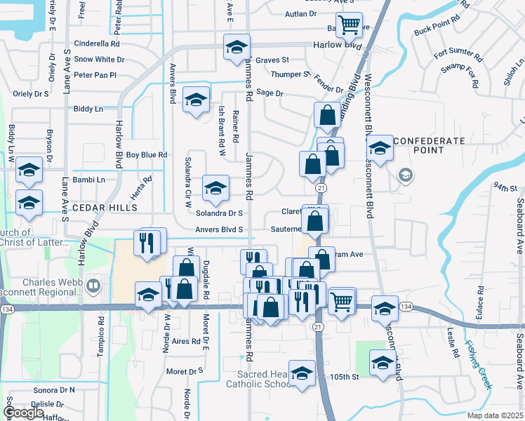 map of restaurants, bars, coffee shops, grocery stores, and more near 6335 Claret Drive in Jacksonville