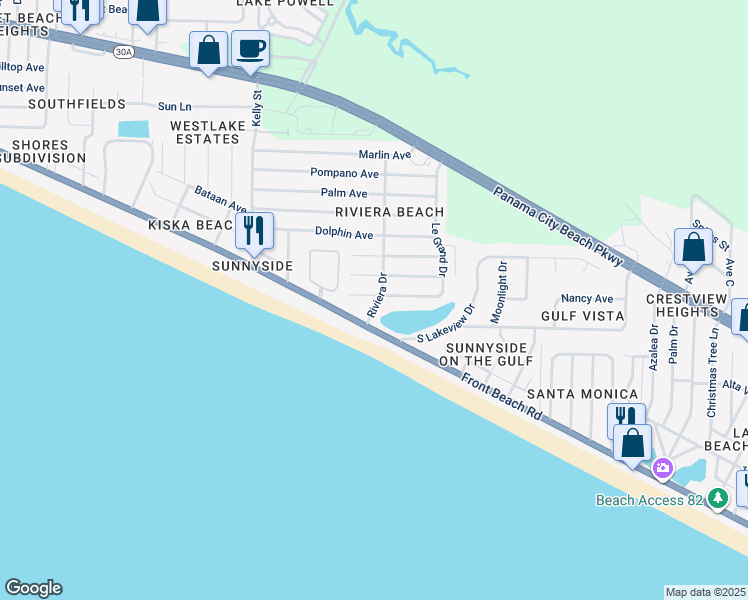 map of restaurants, bars, coffee shops, grocery stores, and more near 125 Riviera Drive in Panama City Beach