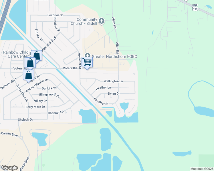 map of restaurants, bars, coffee shops, grocery stores, and more near 2035 Heather Lane in Slidell