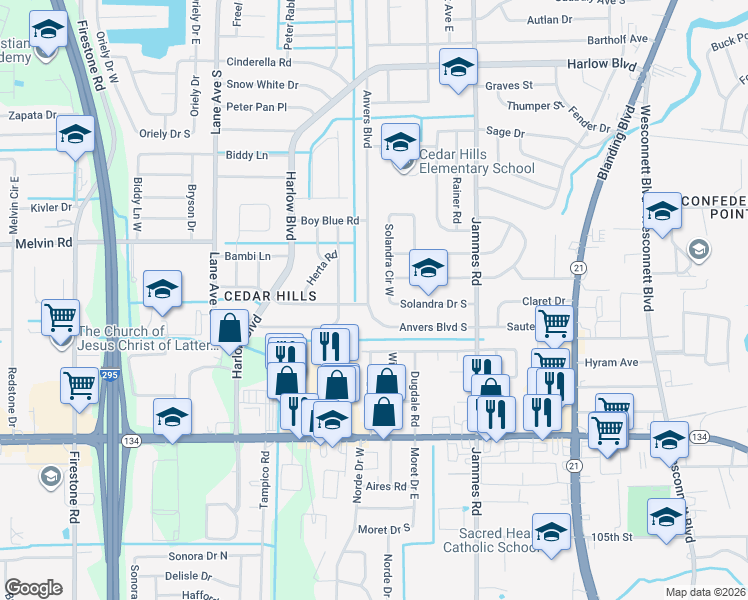 map of restaurants, bars, coffee shops, grocery stores, and more near 4811 Anvers Boulevard in Jacksonville