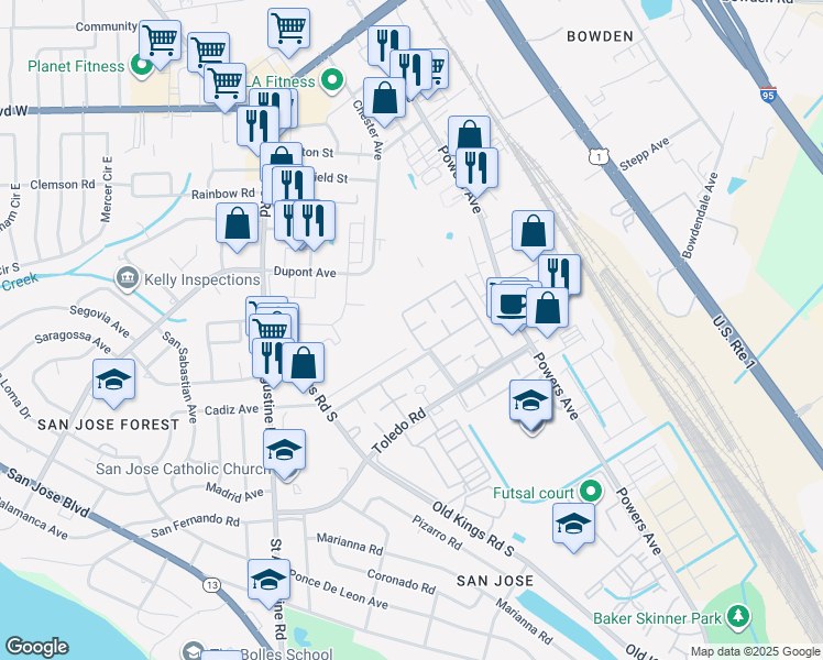map of restaurants, bars, coffee shops, grocery stores, and more near 6515 La Mirada Drive West in Jacksonville