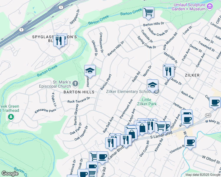 map of restaurants, bars, coffee shops, grocery stores, and more near 2102 Airole Way in Austin