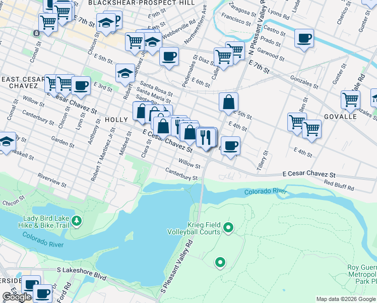 map of restaurants, bars, coffee shops, grocery stores, and more near 2613 East Cesar Chavez Street in Austin