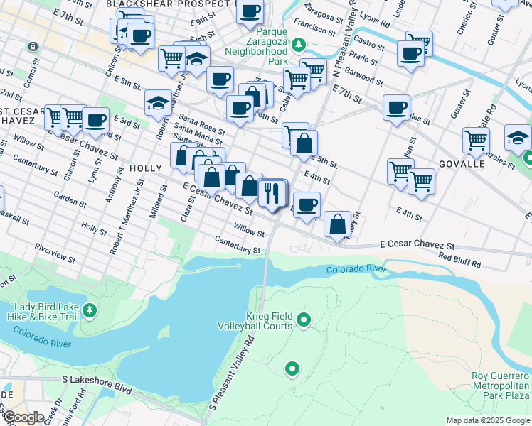 map of restaurants, bars, coffee shops, grocery stores, and more near 2712 East Cesar Chavez Street in Austin