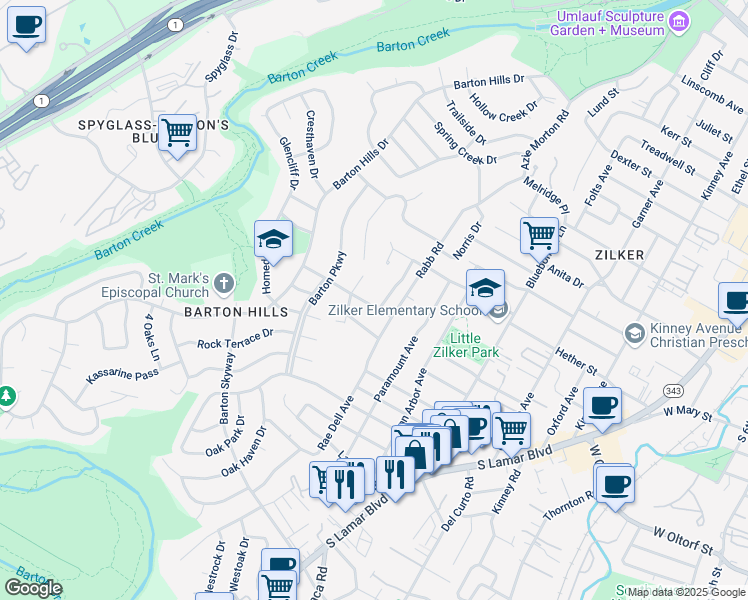 map of restaurants, bars, coffee shops, grocery stores, and more near 2006 Arthur Lane in Austin