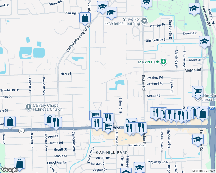 map of restaurants, bars, coffee shops, grocery stores, and more near 4727 Playpen Drive in Jacksonville