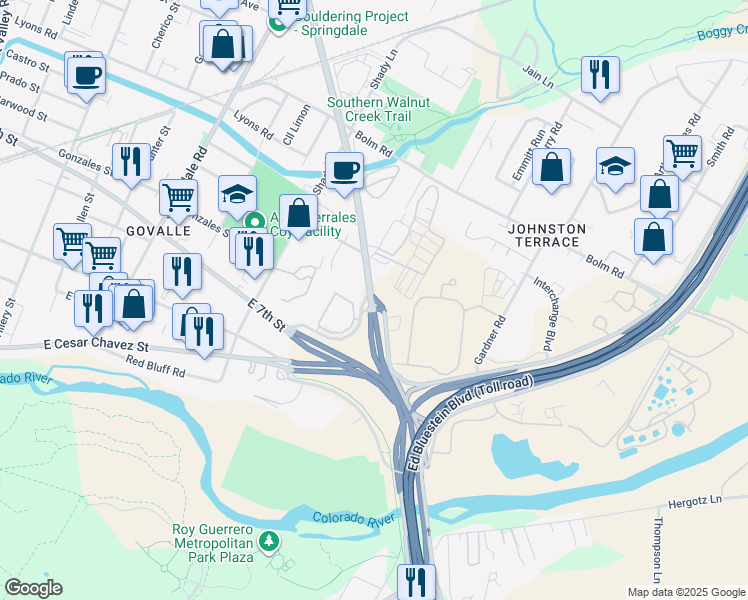 map of restaurants, bars, coffee shops, grocery stores, and more near 731 Airport Boulevard in Austin