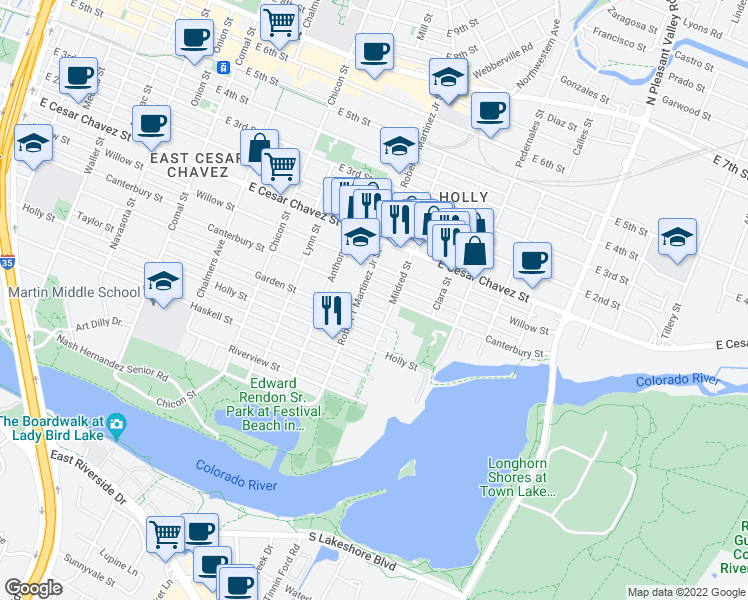 map of restaurants, bars, coffee shops, grocery stores, and more near 2207 Canterbury Street in Austin