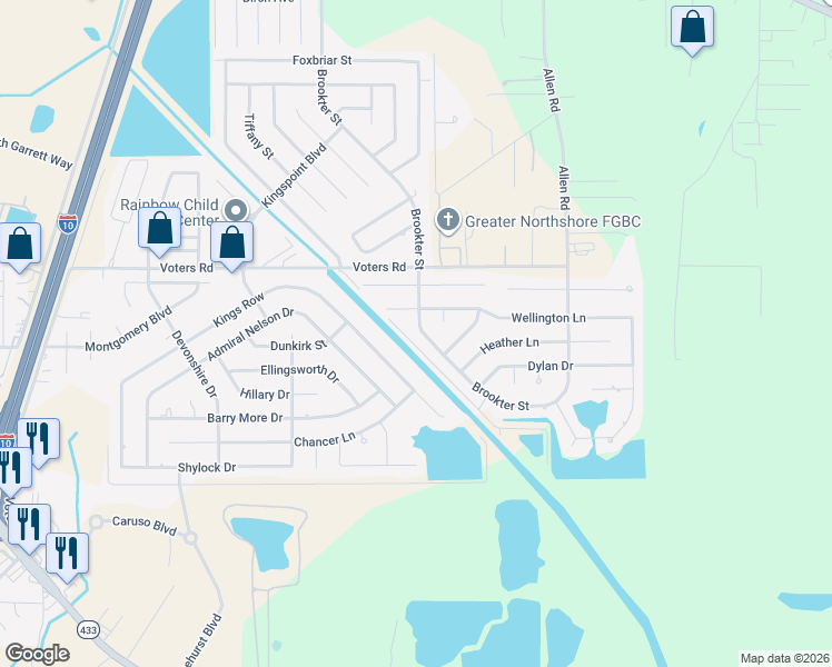 map of restaurants, bars, coffee shops, grocery stores, and more near 1808 Brookter Street in Slidell