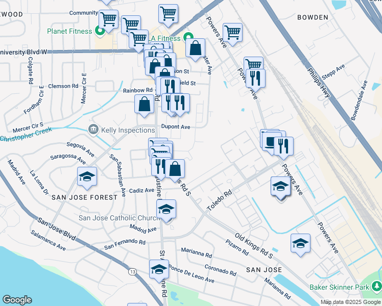 map of restaurants, bars, coffee shops, grocery stores, and more near 6765 St Augustine Rd in Jacksonville