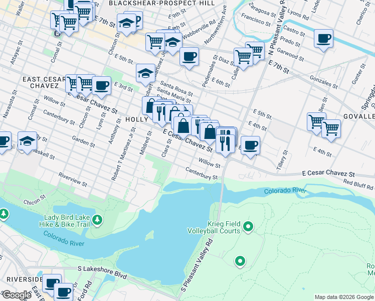 map of restaurants, bars, coffee shops, grocery stores, and more near 2512 Willow Street in Austin