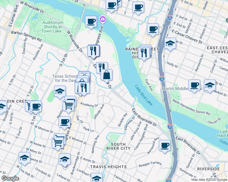map of restaurants, bars, coffee shops, grocery stores, and more near 500 East Riverside Drive in Austin