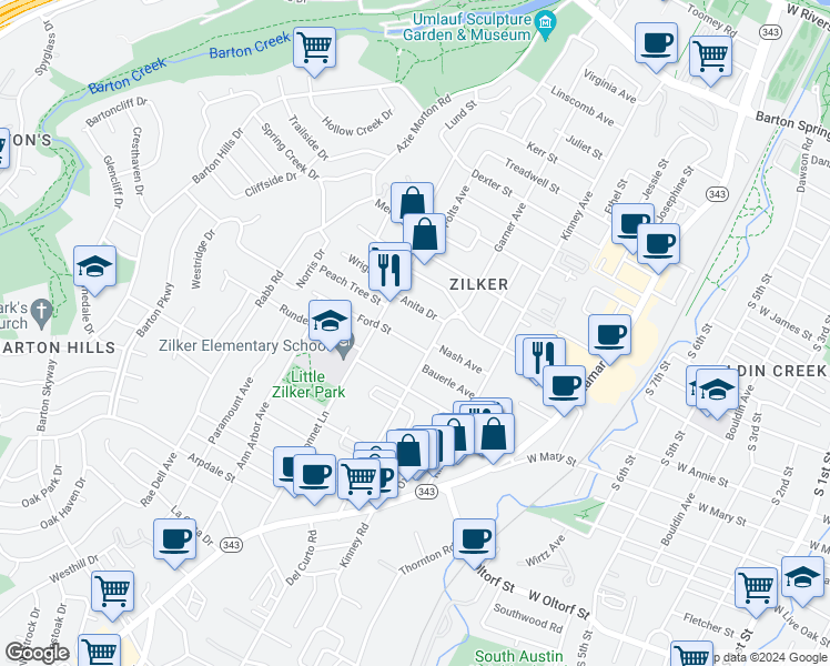 map of restaurants, bars, coffee shops, grocery stores, and more near 1810 Ford Street in Austin