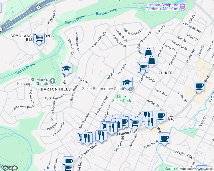 map of restaurants, bars, coffee shops, grocery stores, and more near 1913 Rabb Road in Austin