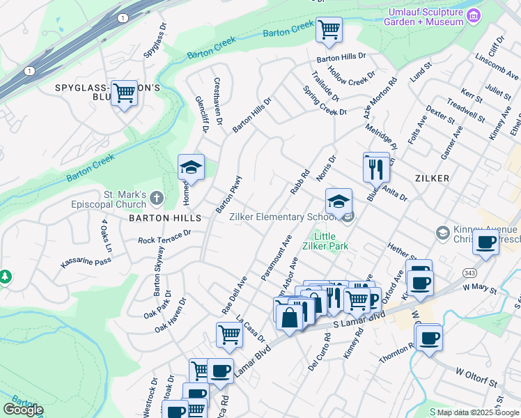 map of restaurants, bars, coffee shops, grocery stores, and more near 2006 Arthur Lane in Austin