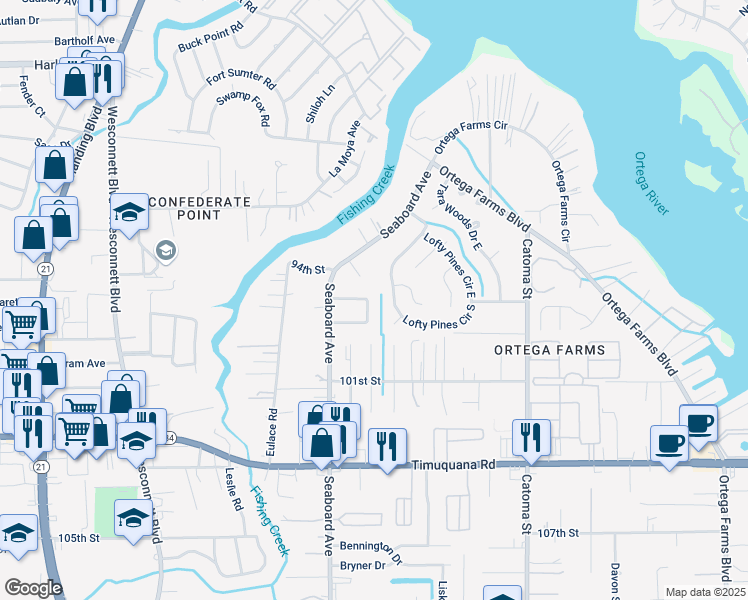 map of restaurants, bars, coffee shops, grocery stores, and more near 5009 Kimbrell Drive South in Jacksonville