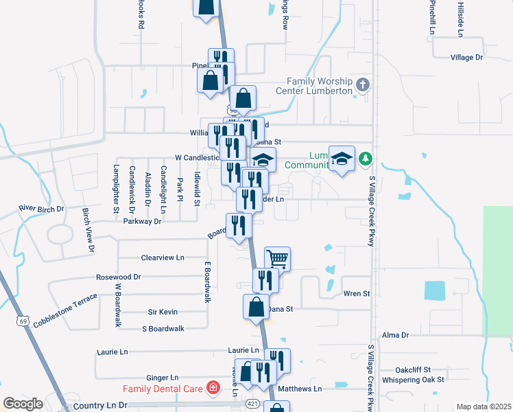 map of restaurants, bars, coffee shops, grocery stores, and more near 211 South Main Street in Lumberton