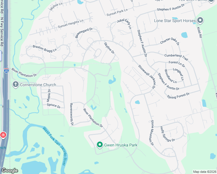 map of restaurants, bars, coffee shops, grocery stores, and more near 601 Brandon Road in Conroe