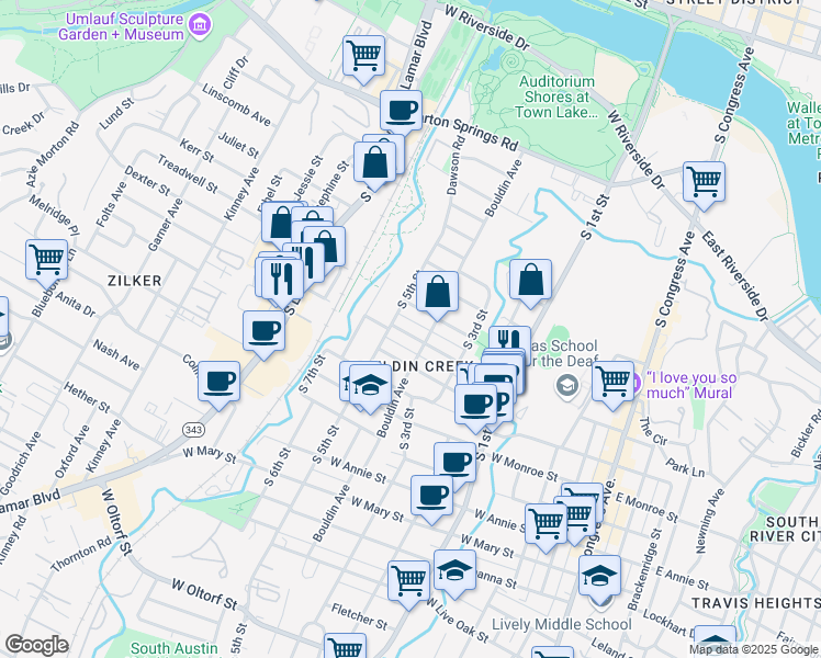map of restaurants, bars, coffee shops, grocery stores, and more near 908 West Gibson Street in Austin