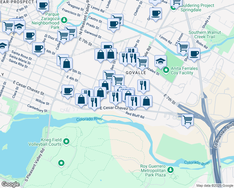map of restaurants, bars, coffee shops, grocery stores, and more near 3506 East 4th Street in Austin
