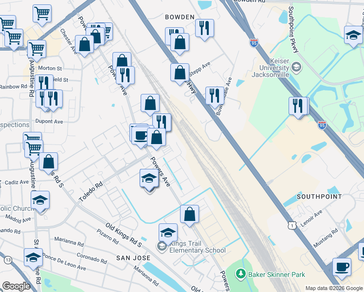 map of restaurants, bars, coffee shops, grocery stores, and more near 6737 Powers Avenue in Jacksonville