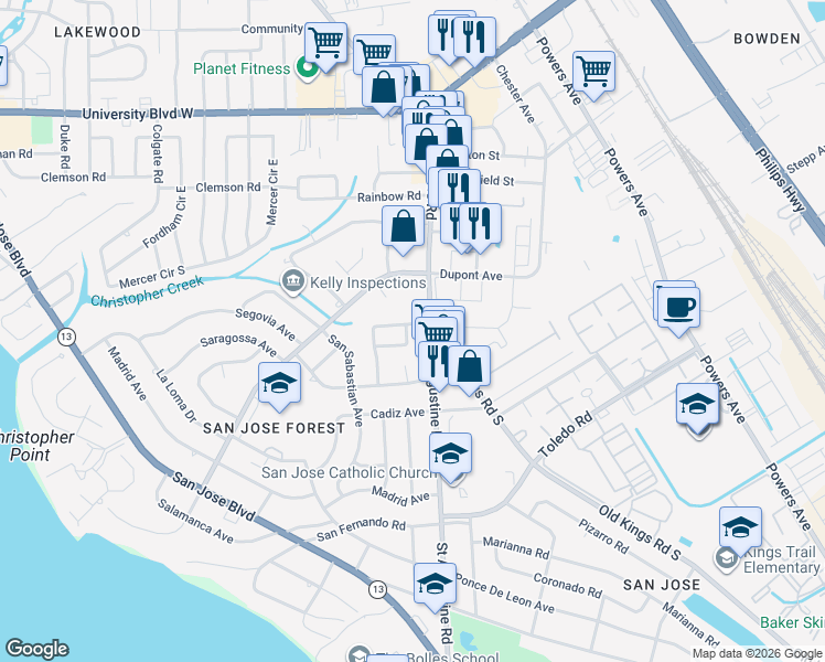 map of restaurants, bars, coffee shops, grocery stores, and more near 6805 Caballero Court in Jacksonville
